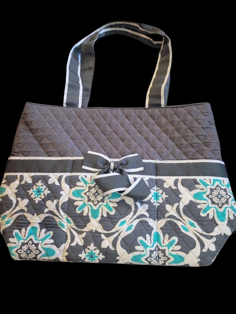 Quilted Floral Bow Tote Bag - Gray & Teal